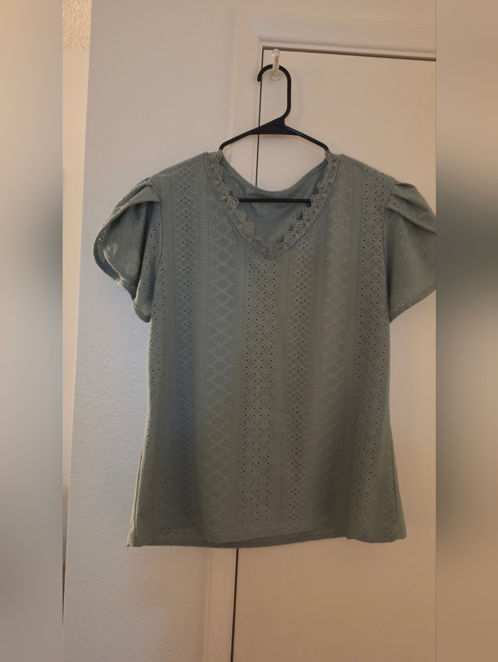 Women’s Eyelet V‑Neck Top in Sage Green